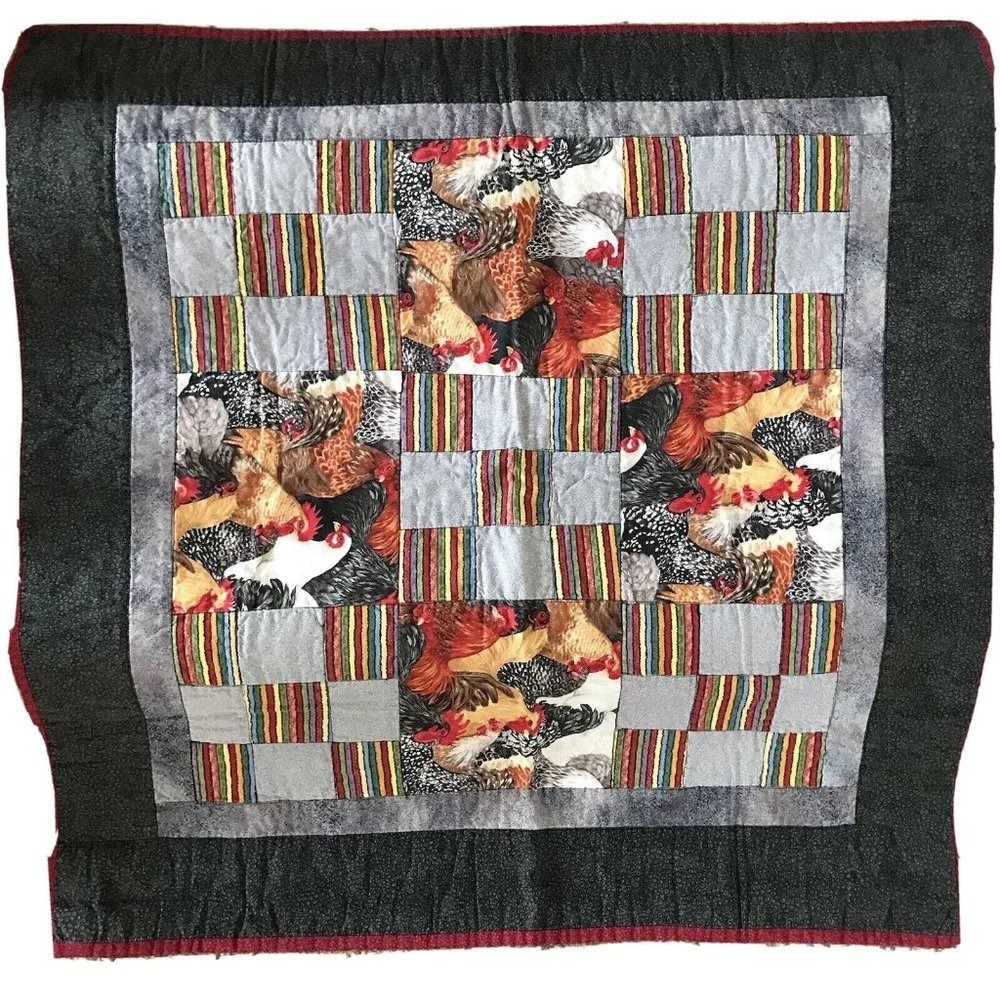 Patchwork quilted 9β patch mini quilt chickens stripes red gray table topper